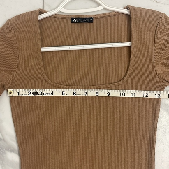 Zara Midi Bodycon Dress Ribbed Square Neck Short Sleeves Tan Size S - Picture 7 of 11